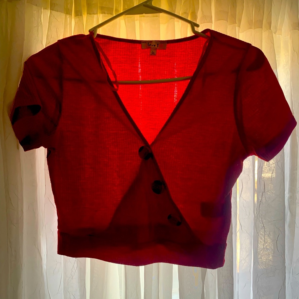 LOVE J Red  Cropped Button Design Shirt LARGE